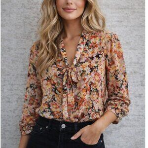 Zara Trafaluc Floral Women's Top Multicolor Neck Bow Sz M Cottagecore Boho Sheer